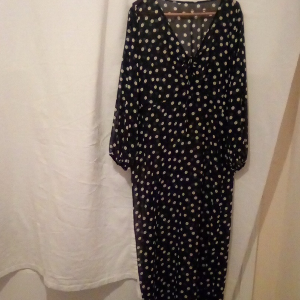 Elegant Long Black and White Sheer Polka Dot Long Sleeve Dress